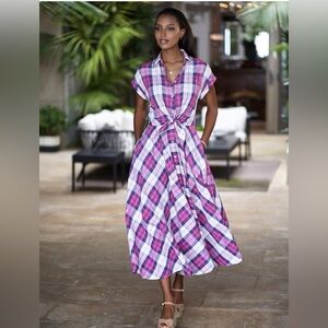 Sara Roka Drareen_90 Cotton Linen Plaid Shirt Dress Tie Front Size IT 40